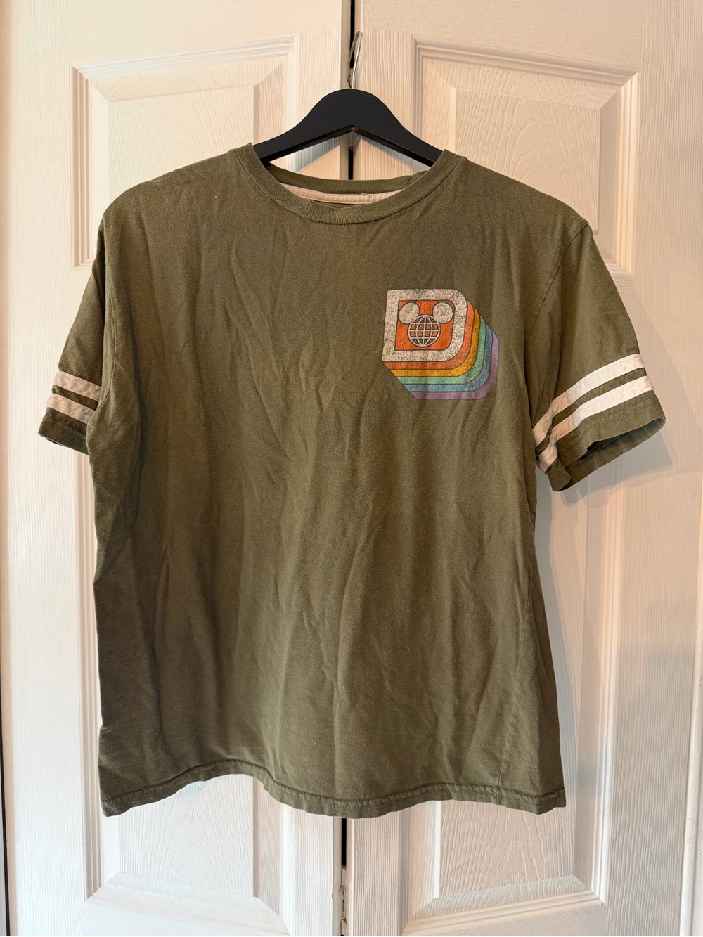 Disney Olive Green Short Sleeve Tee with Retro Rainbow Chest Graphic